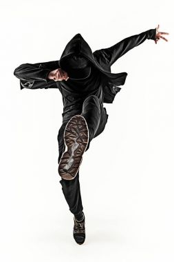 Beyaz arka plan üzerinde bir hip hop erkek break dansçı silüeti