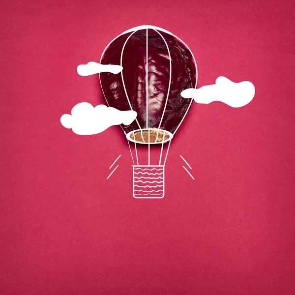 The pop art collage of red cabbage and aerostat on red background — Stock Photo, Image