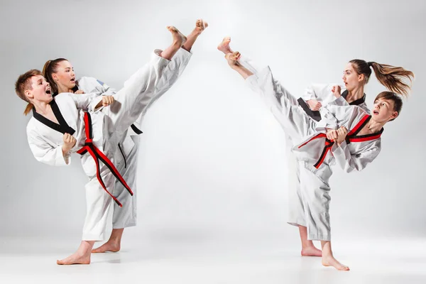 The studio shot of group of kids training karate martial arts — Stock Photo, Image