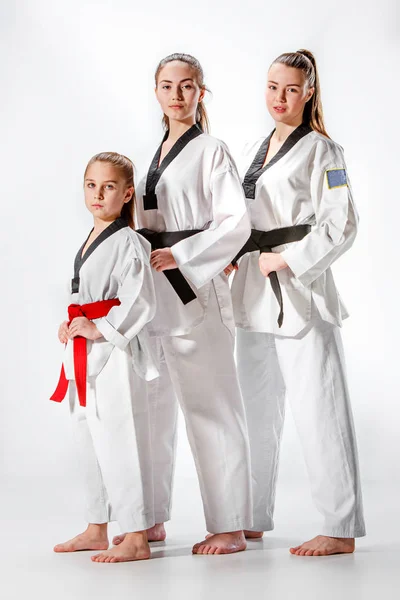 Het schot van de studio van de groep van vrouwen die zich voordeed als karate vechtsporten sporters — Stockfoto