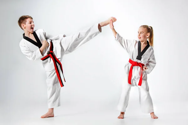 A foto de estúdio de grupo de crianças que treinam artes marciais de karatê — Fotografia de Stock