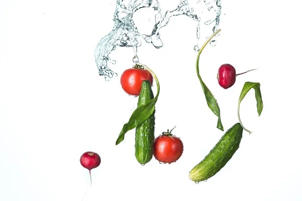 Los tomates frescos, pepinos, rábano en spray de agua . — Foto de Stock