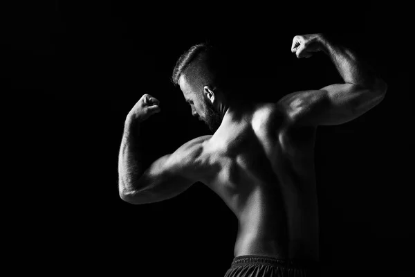 El torso de la vista posterior del constructor masculino atractivo del cuerpo sobre fondo negro . —  Fotos de Stock