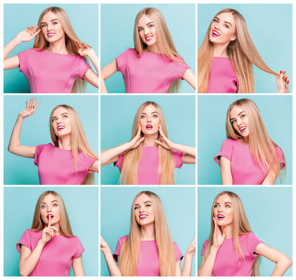 Smiling beautiful young woman in pink mini dress posing at studio