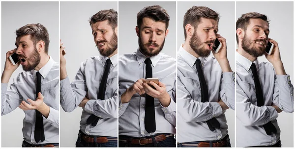 Collage van afbeeldingen van glimlachende man praten over de telefoon op een grijs — Stockfoto