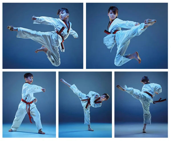 Die Studioaufnahme von Kindern, die Karate-Kampfkunst trainieren — Stockfoto