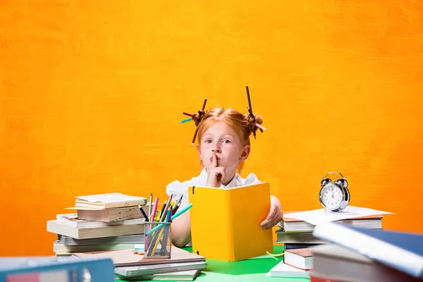 La chica adolescente pelirroja con muchos libros en casa. Captura de estudio — Foto de Stock