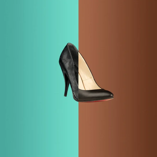 Le collage de l'ancienne et nouvelle chaussure noire pour femme — Photo
