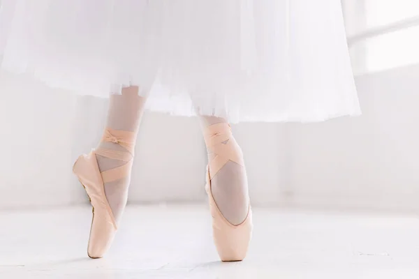 Молодая балерина, крупным планом на ногах и обуви, стоя в точечном положении . — стоковое фото