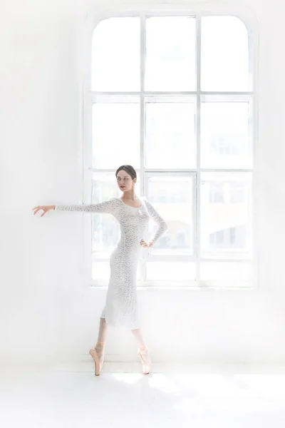 若いと信じられないほど美しいバレリーナのポーズと白いスタジオで踊る — ストック写真