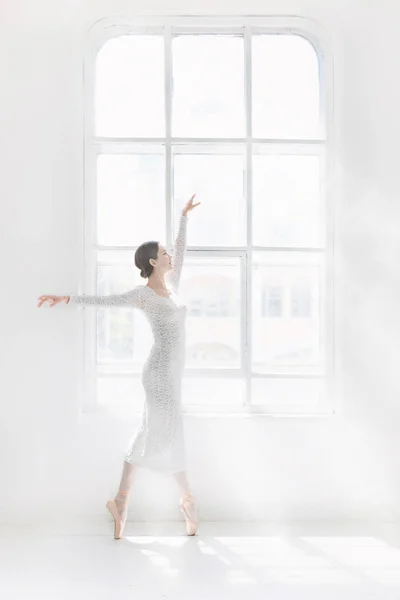 若いと信じられないほど美しいバレリーナのポーズと白いスタジオで踊る — ストック写真