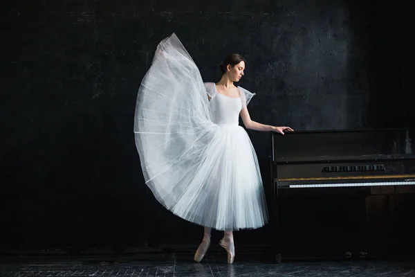 Jovem e incrivelmente bela bailarina está posando em um estúdio preto — Fotografia de Stock