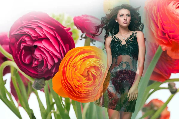 Collage d'arte con donna molto bella in fiori — Foto Stock