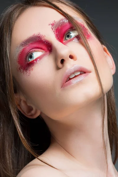 Beautiful woman face portrait close up with red make up — Stock Photo, Image