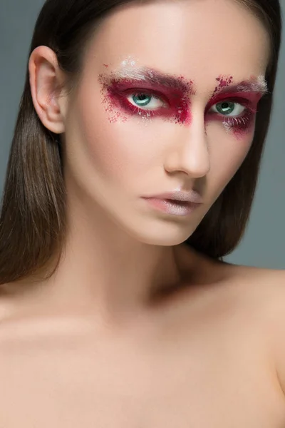 Beautiful woman face portrait close up with red make up — Stock Photo, Image