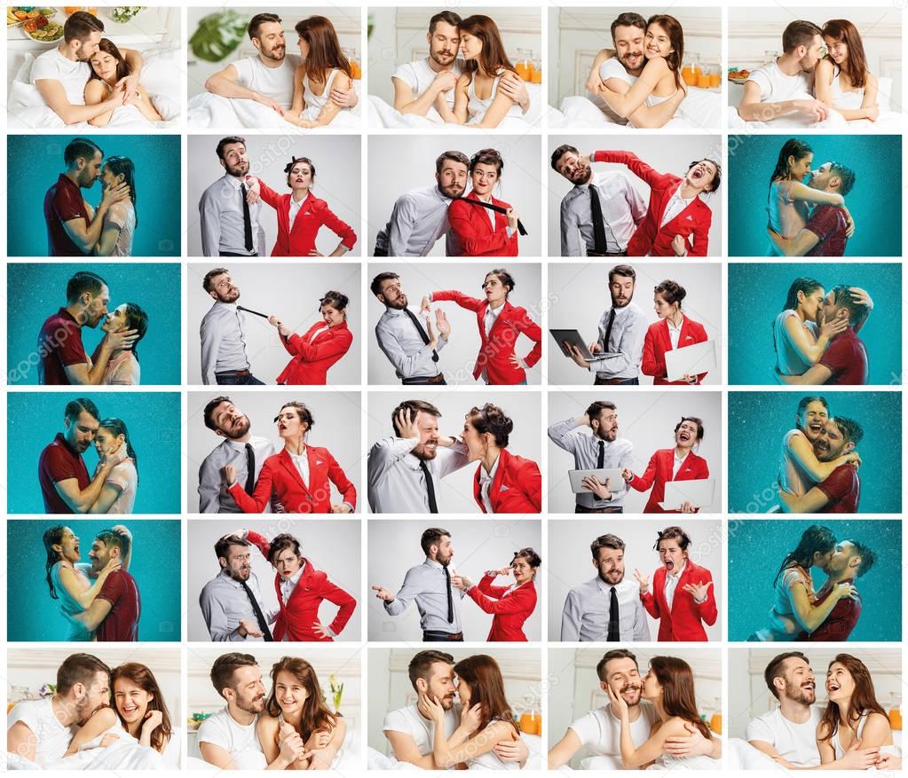 The collage about lifestile of young businessman and businesswoman with different emotions