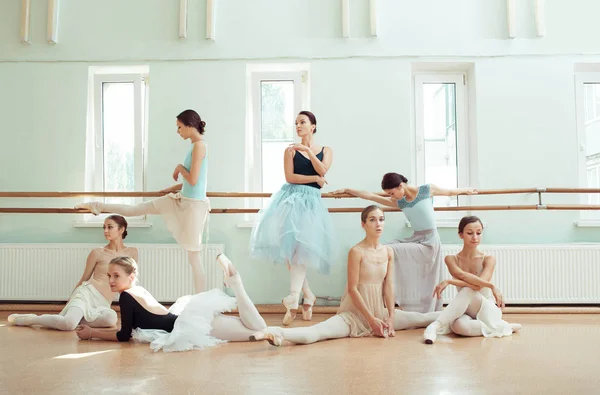 The seven ballerinas at ballet bar — Stock Photo, Image