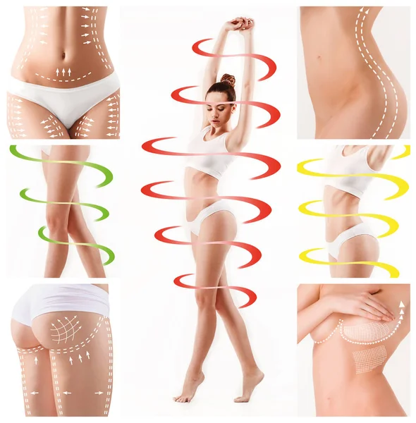 Vrouwelijk lichaam met een cyclus-pijlen. Vet verliezen, gezond eten en voeding concept. — Stockfoto