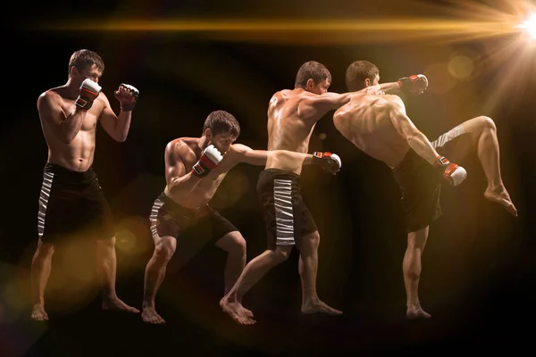 Boxeo boxeador masculino en saco de boxeo con iluminación dramática y vanguardista en un estudio oscuro —  Fotos de Stock