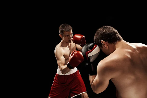 Twee bokser Boksen op zwarte achtergrond, — Stockfoto