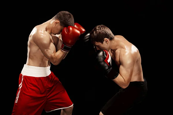 Deux boxeurs professionnels boxe sur fond noir , — Photo