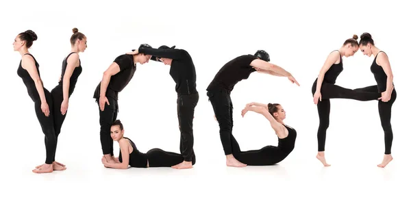 Das Wort Yoga, das von Turnerkörpern gebildet wird — Stockfoto