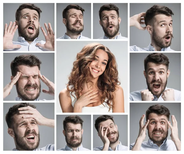 Die Collage aus jungen weiblichen und männlichen Emotionen — Stockfoto