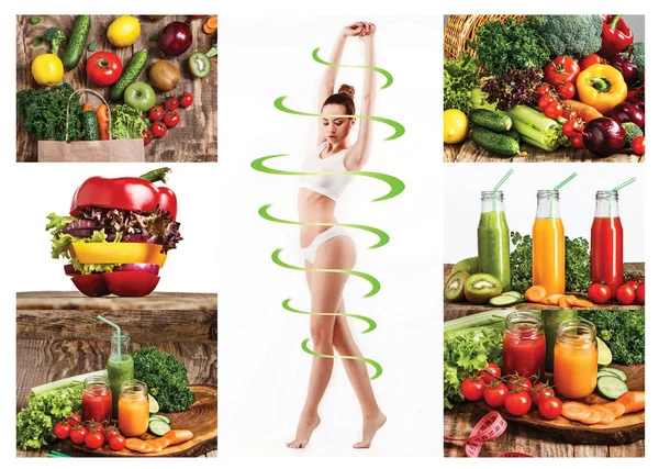 Cuerpo femenino con flechas de ciclo. Perder grasa, alimentación saludable y concepto de nutrición . — Foto de Stock