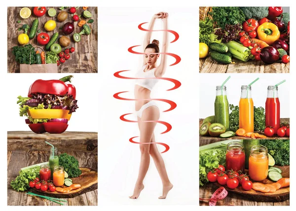 Corp feminin cu săgeţi ciclice. Pierderea grăsimilor, alimentația sănătoasă și conceptul de nutriție . — Fotografie, imagine de stoc