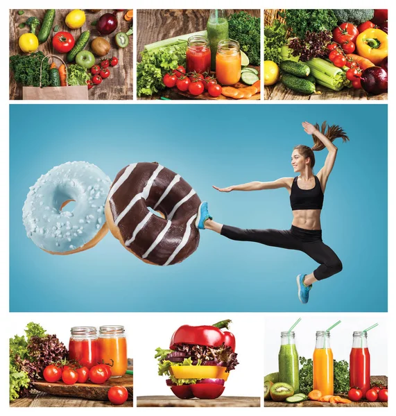 Fit young woman fighting off bad food on a blue background — Stock Photo, Image