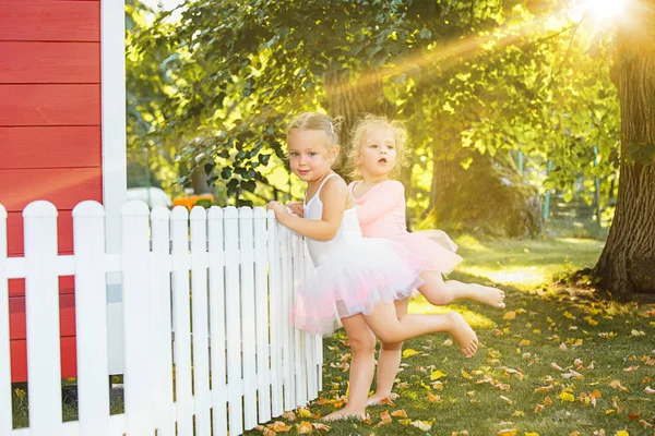 As duas meninas no playground contra parque ou floresta verde — Fotografia de Stock