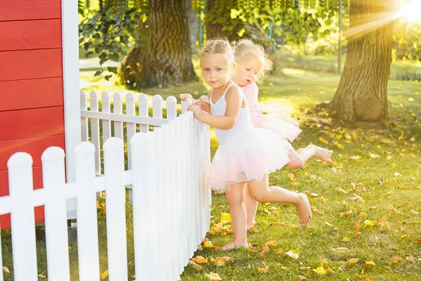 As duas meninas no playground contra parque ou floresta verde — Fotografia de Stock