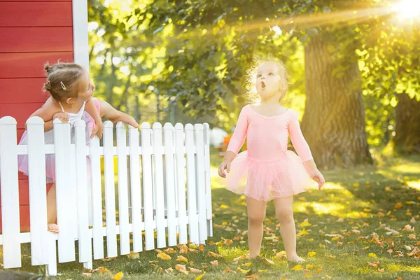 Las dos niñas en el patio contra el parque o el bosque verde — Foto de Stock