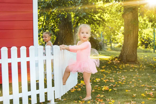 As duas meninas no playground contra parque ou floresta verde — Fotografia de Stock