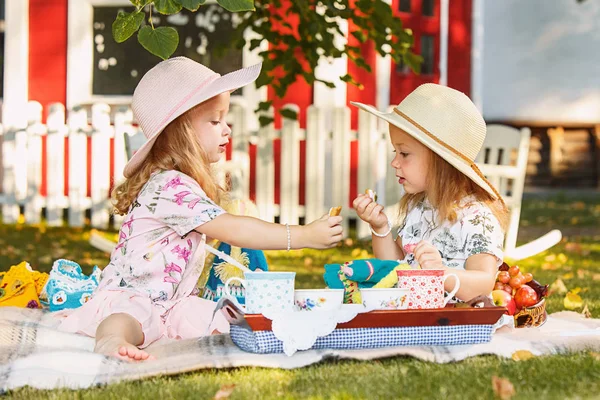 Twee kleine meisjes zitten op groen gras — Stockfoto