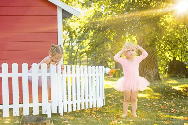As duas meninas no playground contra parque ou floresta verde — Fotografia de Stock