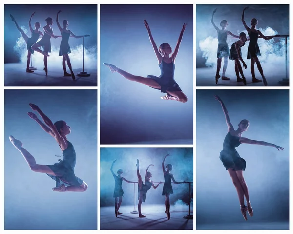 Коллаж из изображений молодых балерин, растянувшихся на барной стойке — стоковое фото