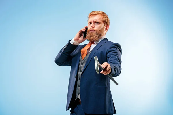 The barded man in a suit holding cane. — Stock Photo, Image