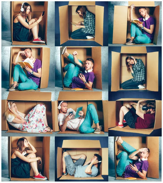 Introvertiertes Konzept. Collage von Mann und Frau in Loge — Stockfoto