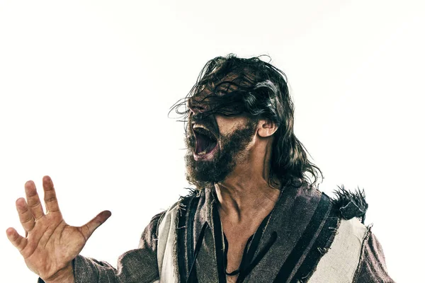 Beyaz bir arka plan karşı poz bir savaş posta acımasız bir kel viking portresi.