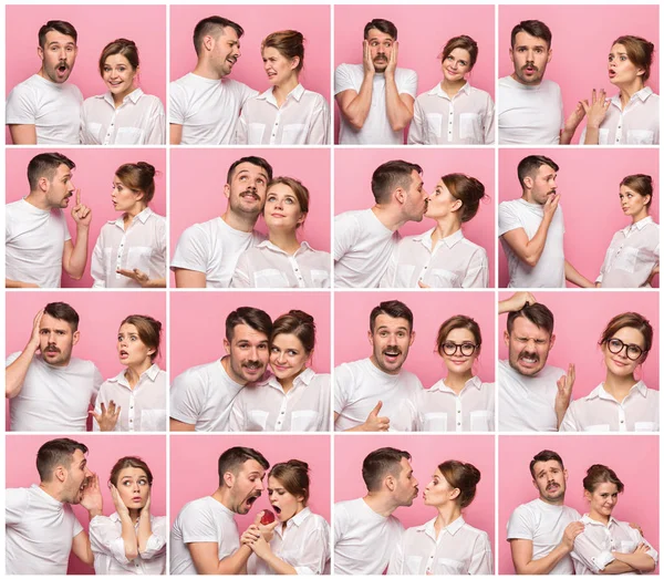 Kolaż z obrazów młodego mężczyzny i kobiety na różowym tle — Zdjęcie stockowe