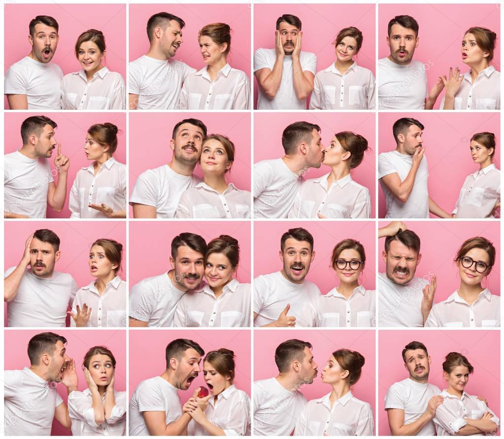 The collage from images of young man and woman on pink background