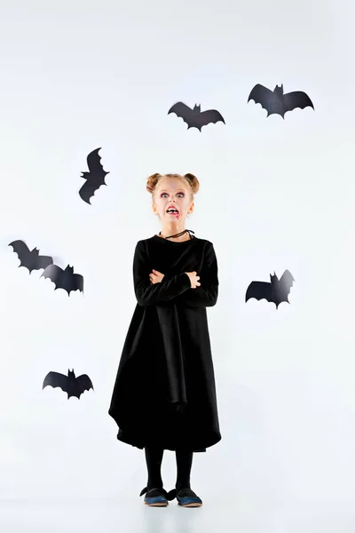 Niña bruja en vestido negro sobre accesorios mágicos. Halloween, la noche del estudio . — Foto de Stock