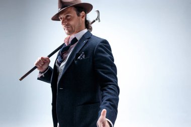 Baston tutan bir takim elbisesi ve olgun adam.