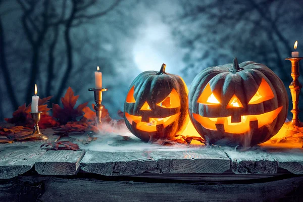 Halloween Pumpkins Dark Forest Blue Background — Stock Photo, Image