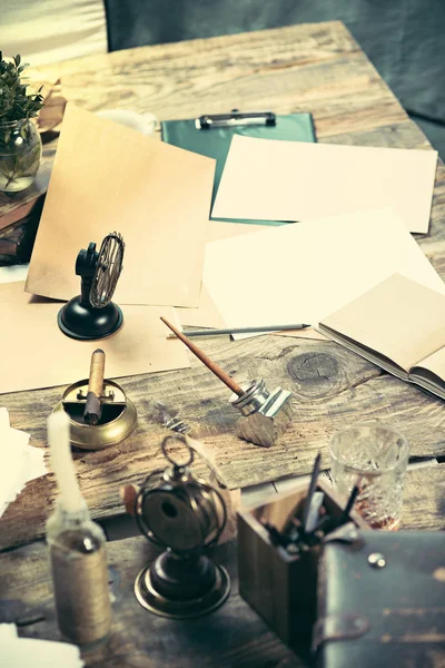 Vintage hipster ahşap masaüstü Üstten Görünüm