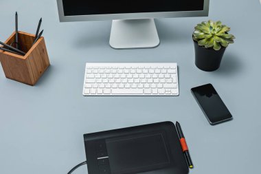 Laptop, boş levha, çiçek, dijital kalem ve tabla rötuş için pot ile not etmek ile gri Resepsiyon