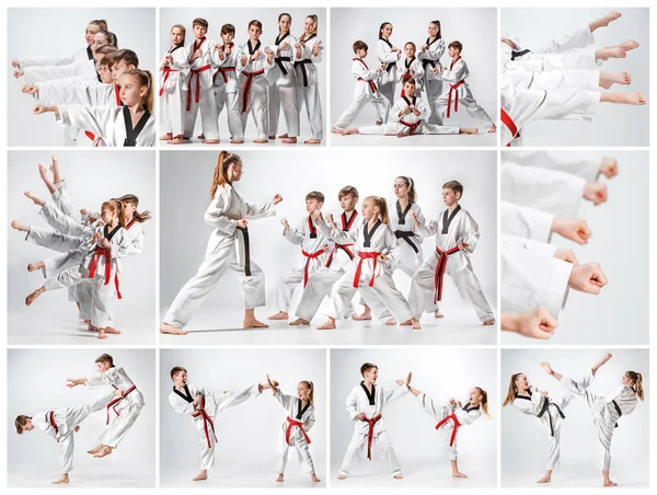 La toma de estudio del grupo de niños que entrenan karate artes marciales — Foto de Stock