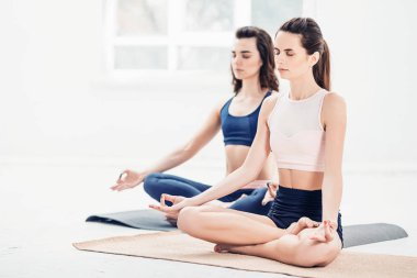 Genç bir kadın beyaz arka plan üzerinde yoga egzersizleri yapıyor stüdyo çekim