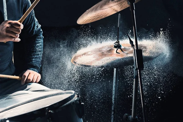 Drummer rehearsing on drums before rock concert. Man recording music on drum set in studio — Stock Photo, Image